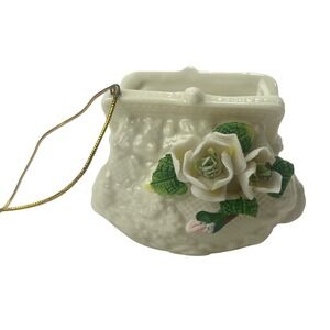Porcelain Ceramic White Floral Christmas Ornament Open Coin Purse Clutch 3"x2.5"